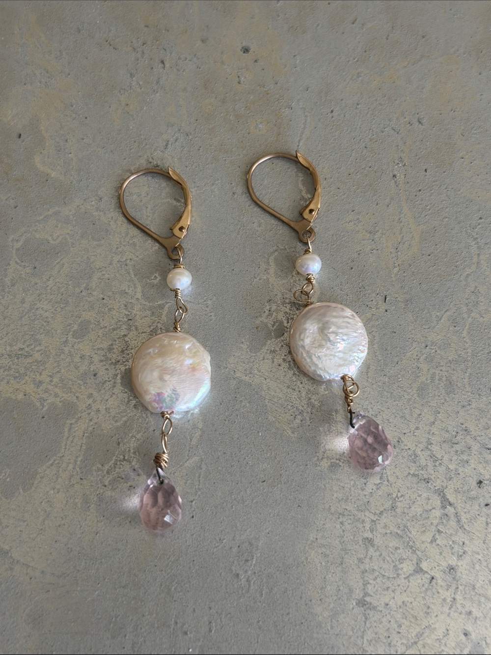 Fresh water coin pearls Pink crystal Drop Earrings gold filled French lever hook